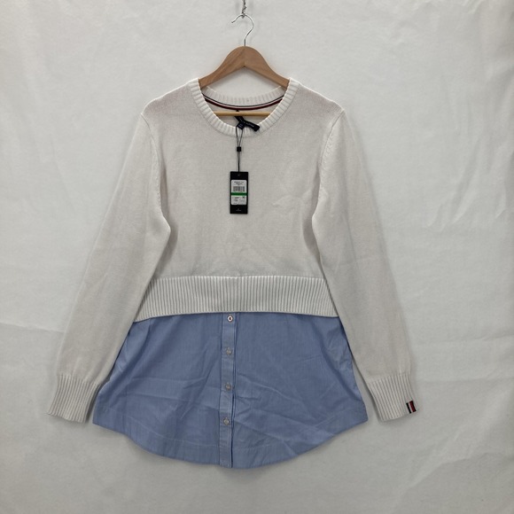 Tommy Hilfiger Sweater Womens Large White Blue Berkeley CAS Layered Shirt Preppy - Picture 1 of 15